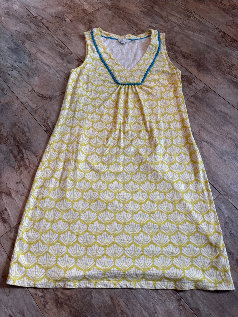 Boden Yellow Shell-Print Dress with Teal Trim
